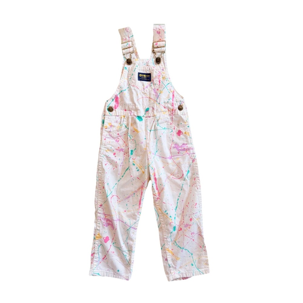Vintage Oshkosh B'Gosh Paint Splatter Neon Rainbow Bib Overalls Toddler Kids 4t